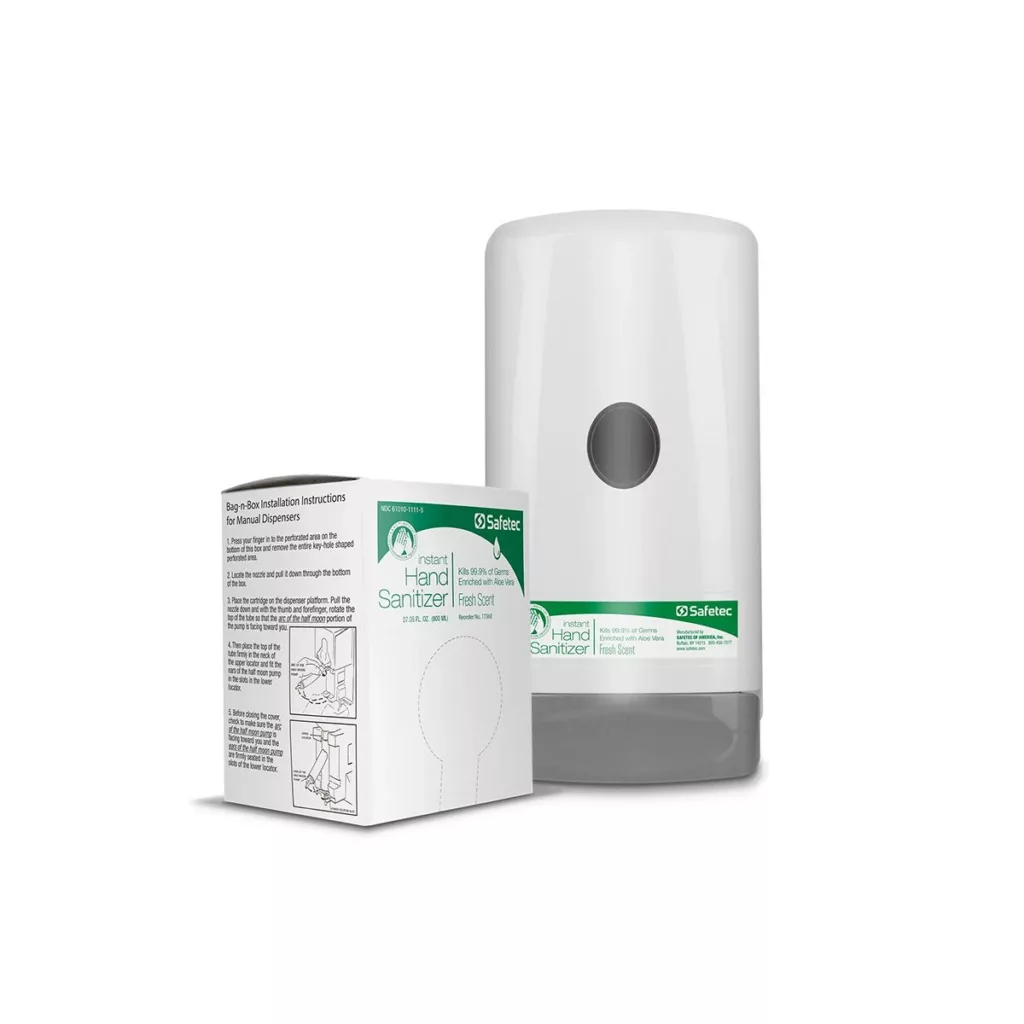 White, wall-mounted plastic hand sanitizer dispenser and dispenser refill
