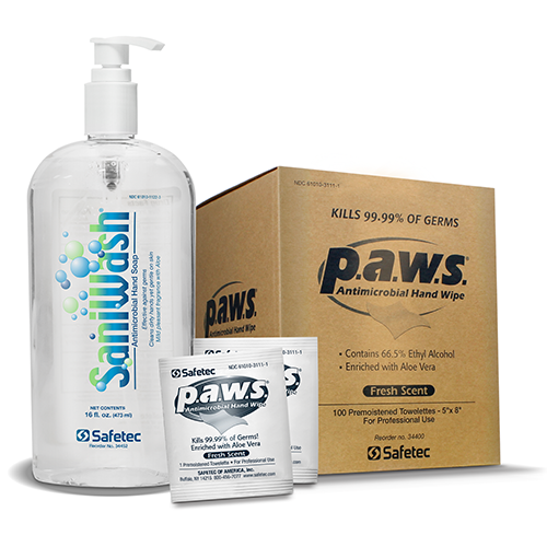 Saniwash Antimicrobial Soap and Paws wipes box and pouch